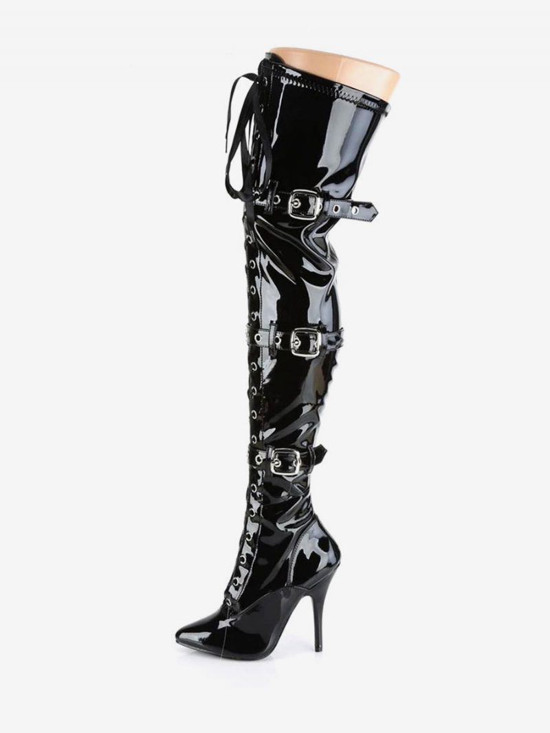 Sexy Damenstiefel Spitze Zehen Reißverschluss Pailletten Stiletto-absatz Rave Club Schwarz Silber Oberschenkelhohe Stiefel - Schwarz Silber