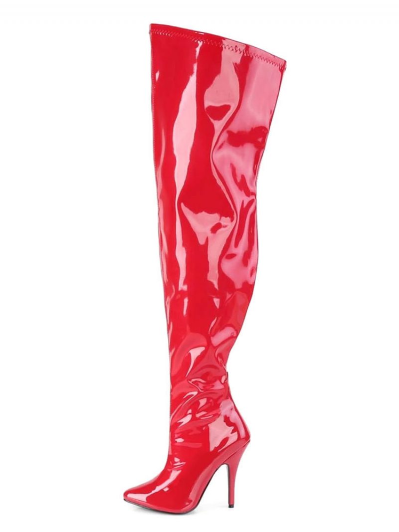 Sexy Damenstiefel Spitzer Zehenbereich Reißverschluss Pailletten Stiletto-absatz Rave Club Schwarze Oberschenkelhohe Stiefel - Rot