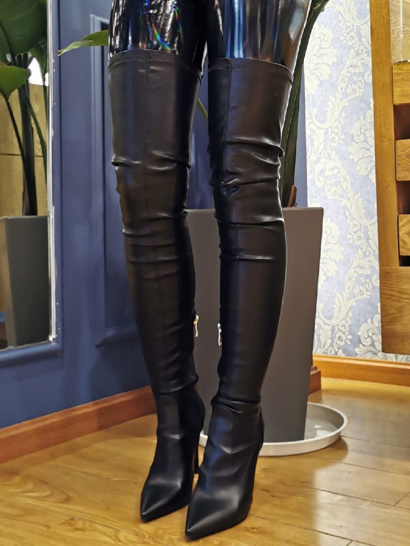 Sexy Damenstiefel Übergröße Spitze Zehenpartie Slip-on-stiletto-absatz Schwarze Oberschenkelhohe Overknee-stiefel