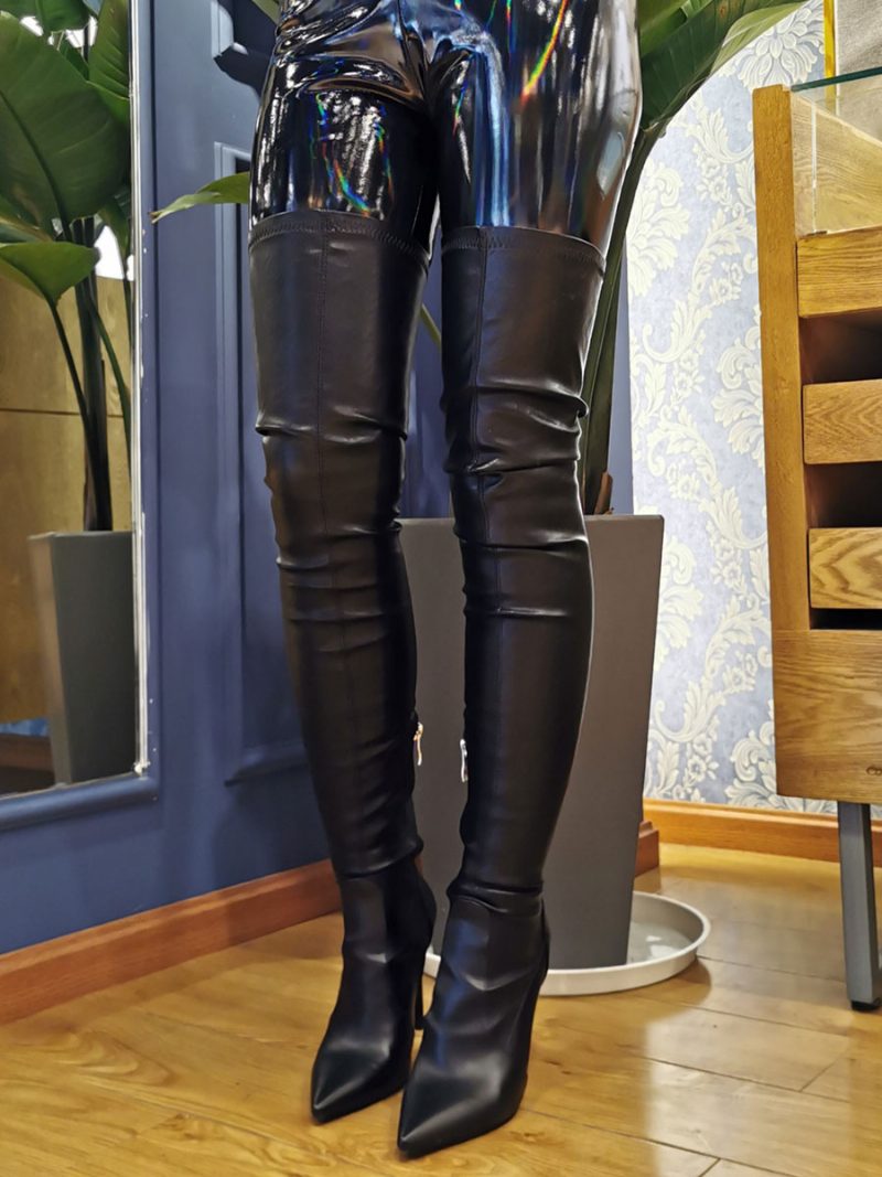 Sexy Damenstiefel Übergröße Spitze Zehenpartie Slip-on-stiletto-absatz Schwarze Oberschenkelhohe Overknee-stiefel - Schwarz