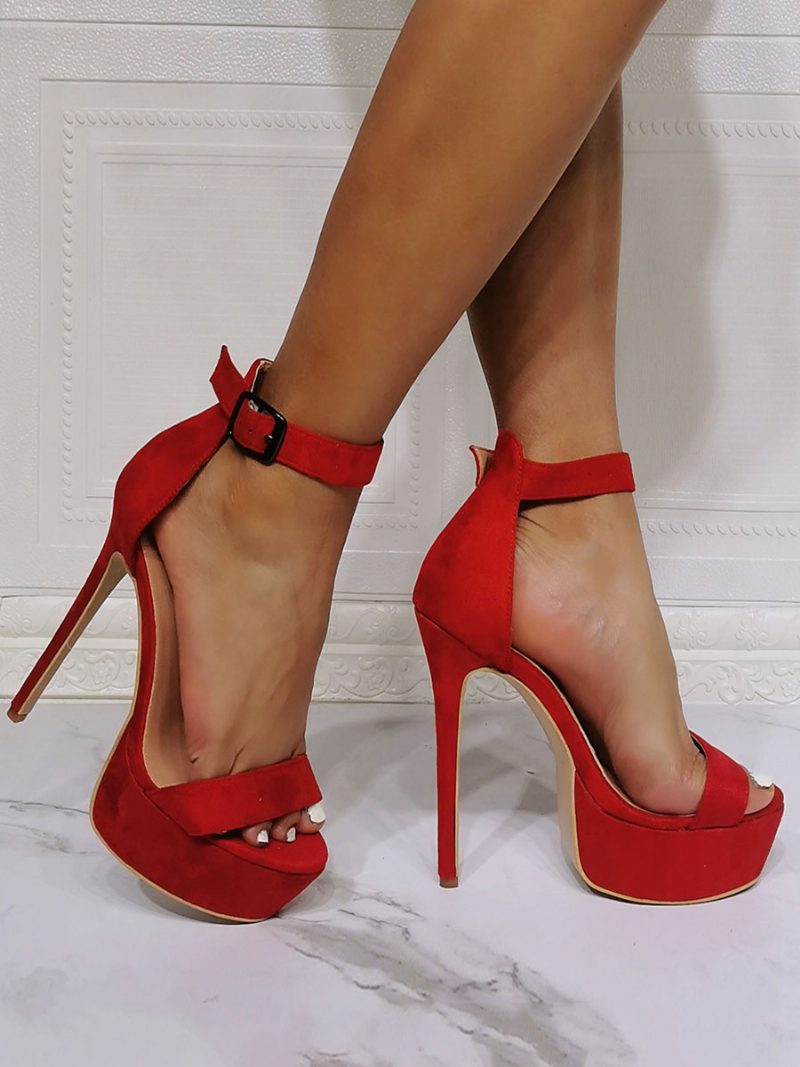 Sexy High-heel-sandalen Für Damen Rotes Mikro-wildleder-obermaterial Offener Zehenbereich Stiletto-absatz Knöchelriemen-absätze