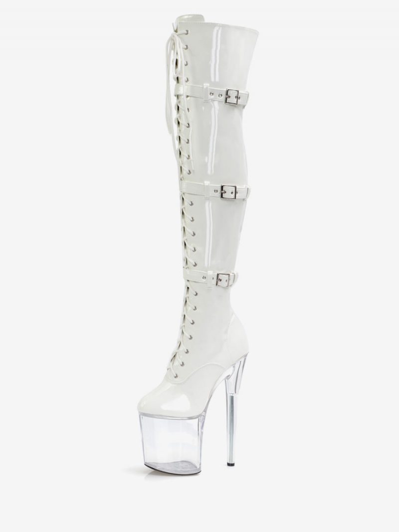 Sexy High Heel-stiefel Für Damen Runde Zehen Reißverschluss Geometrischer Stiletto-absatz Kugel Weiße Oberschenkelhohe Stiefel Overknee-stiefel - Transparent