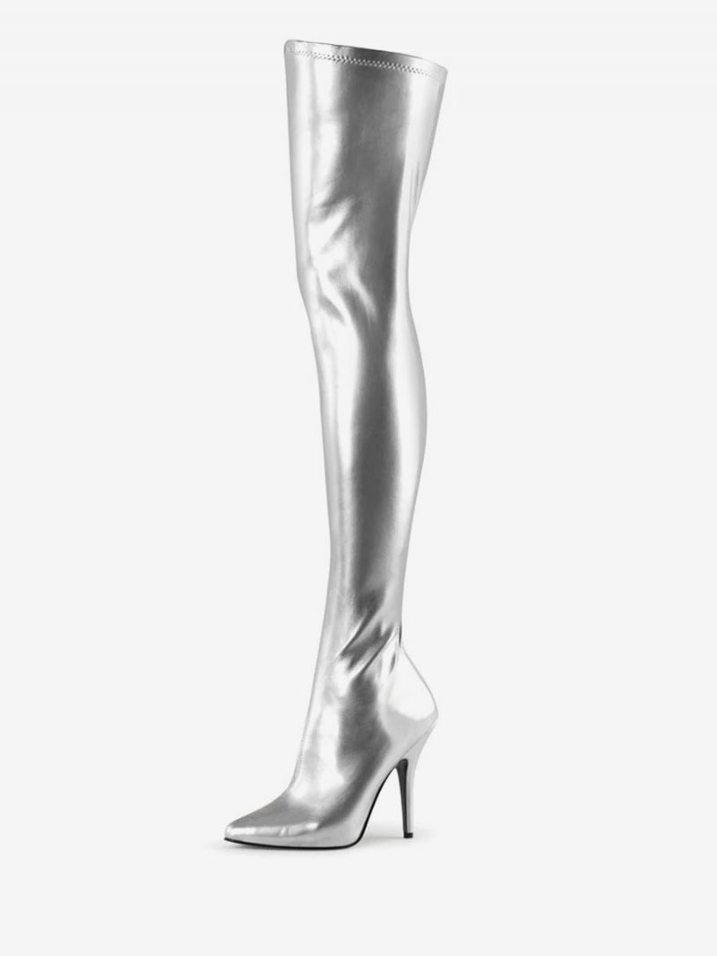 Sexy High Heel-stiefel Für Damen Spitzer Zehenbereich Reißverschluss Pailletten Stiletto-absatz Rave Club Weiße Oberschenkelhohe Stiefel - Silber