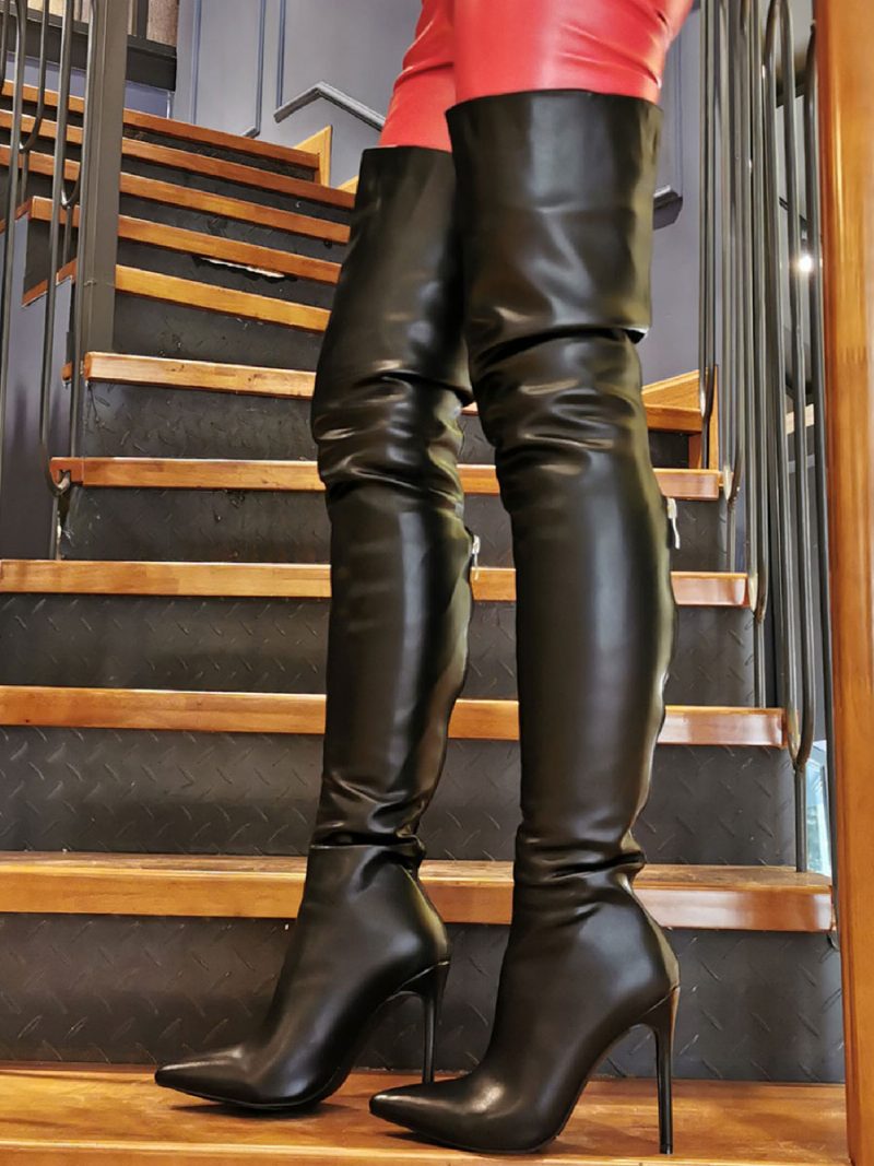 Sexy High-heel-stiefel Für Damen Übergröße Spitze Zehenpartie Slip-on-stiletto-absatz Schwarze Oberschenkelhohe Overknee-stiefel - Schwarz