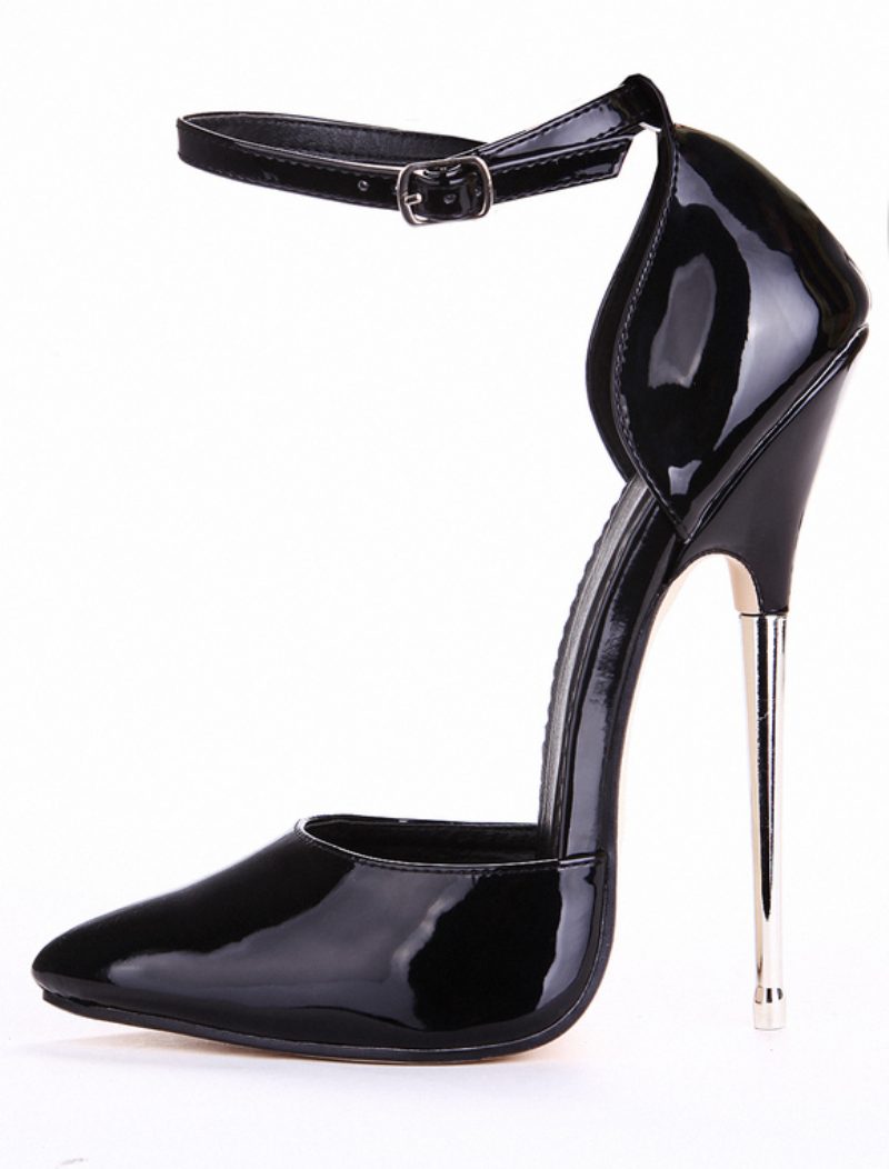 Sexy High Heels Für Damen Schwarz Mit Spitzer Zehenpartie Und Lack-knöchelriemen - Schwarz