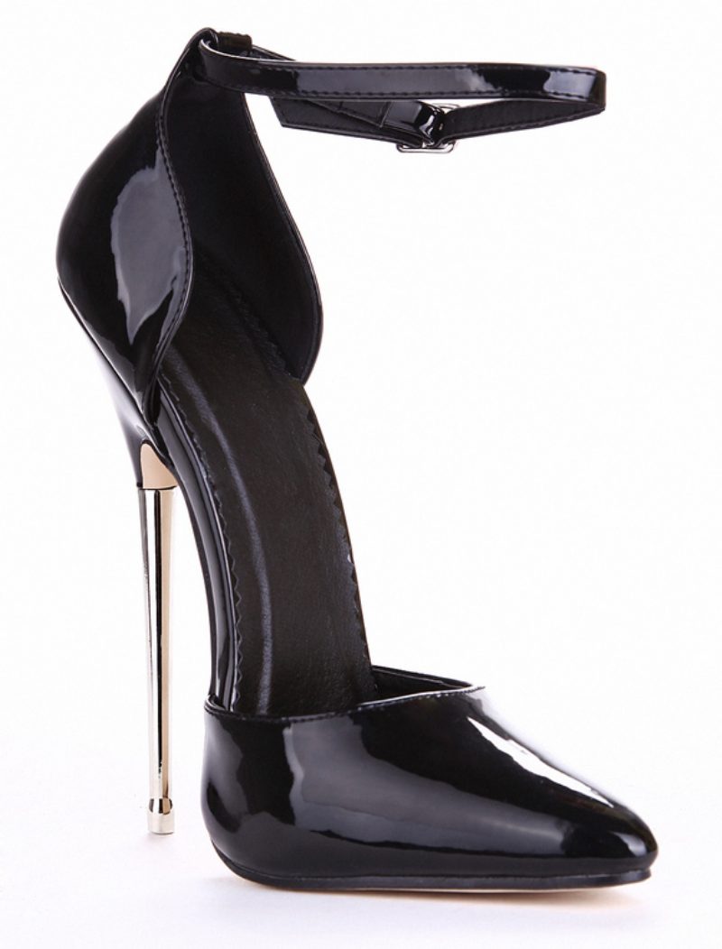 Sexy High Heels Für Damen Schwarz Mit Spitzer Zehenpartie Und Lack-knöchelriemen - Schwarz