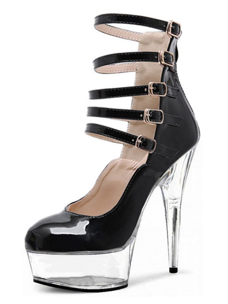 Sexy High Heels Für Damen Schwarz Runde Zehen Schnalle Stiletto-absatz Sky Heel Knöchelriemen-absätze - Transparent