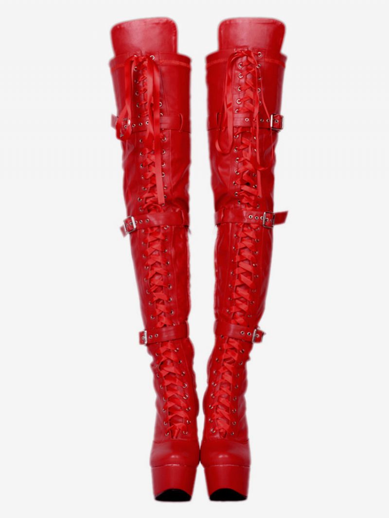 Sexy Overknee-stiefel Für Damen Schwarze Plateau-stiefel Mit Kunstfell Und Schnallendetail Hohem Absatz - Rot