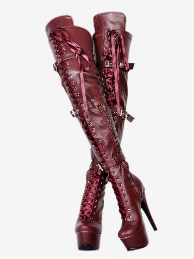 Sexy Overknee-stiefel Für Damen Schwarze Plateau-stiefel Mit Kunstfell Und Schnallendetail Hohem Absatz - Burgund