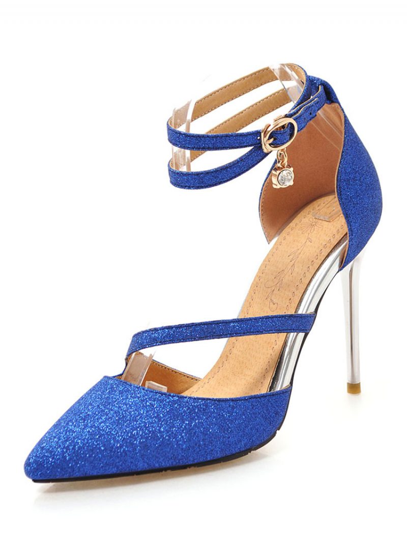 Silberne High Heels Mit Glitzer Spitzer Zehenbereich Knöchelriemen Ballschuhe Damen-abendschuhe - Blau