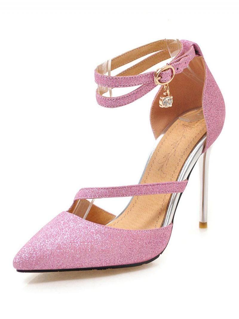 Silberne High Heels Mit Glitzer Spitzer Zehenbereich Knöchelriemen Ballschuhe Damen-abendschuhe - Rosa