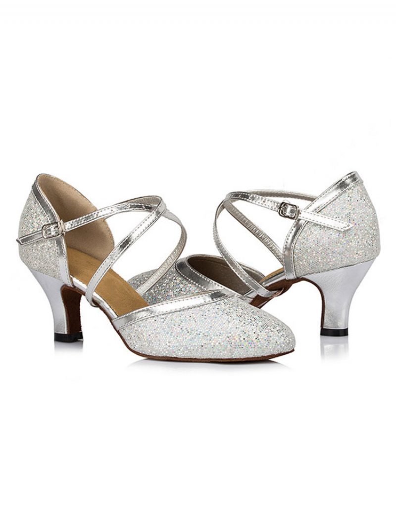 Silberne Tanzschuhe Mit Glitzerndem Spitzem Zehenbereich Und Überkreuzten Latein-tanzschuhen Für Damen Salsa-tanzschuhe - Silber