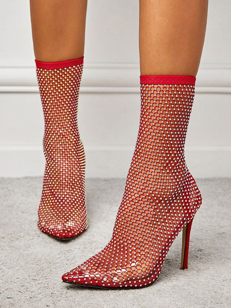 Transparente Damenstiefel Mit Spitzer Zehenpartie Hoher Absatz Und Nieten Booties Sexy Netzsockenstiefel - Rot