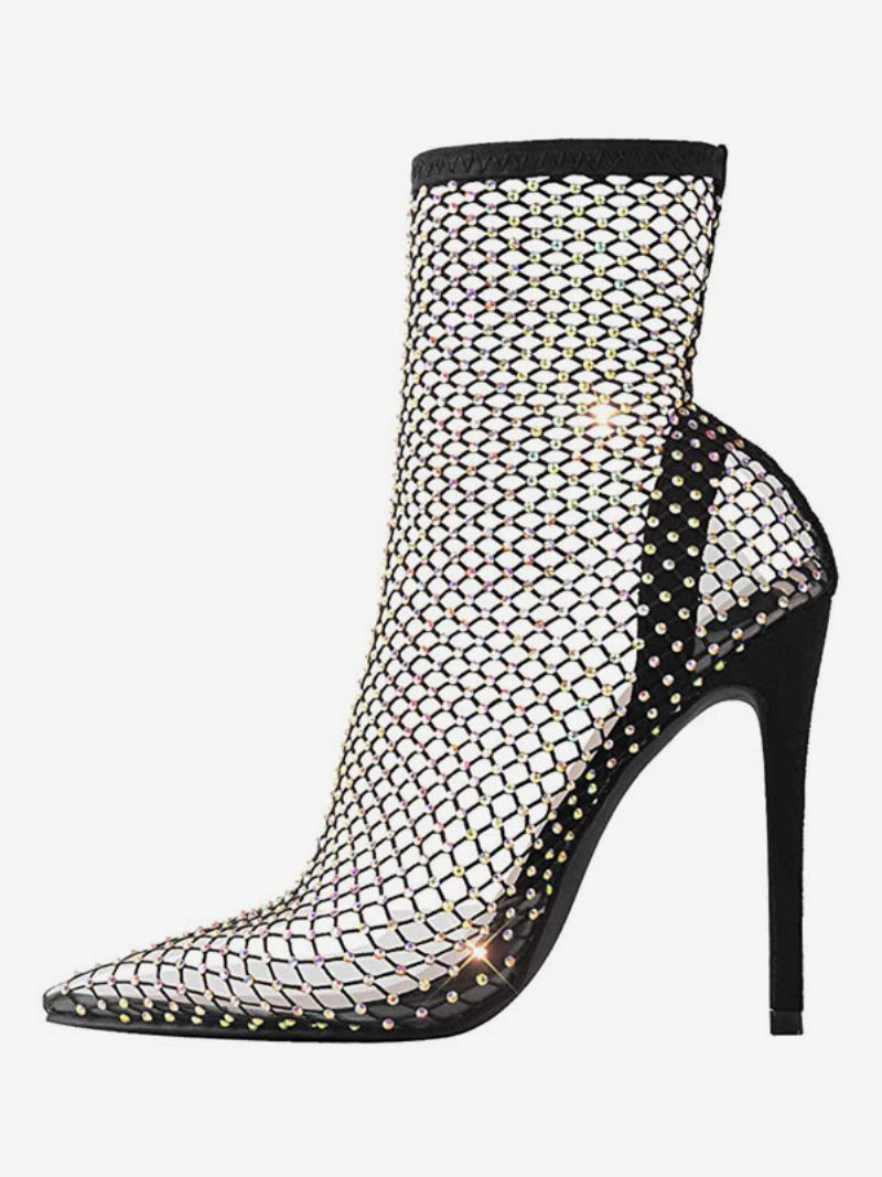 Transparente Damenstiefel Mit Spitzer Zehenpartie Hoher Absatz Und Nieten Booties Sexy Netzsockenstiefel - Schwarz