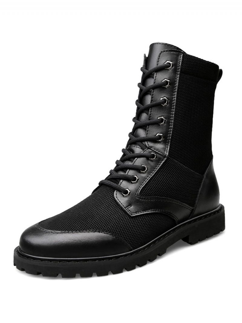 Halbhohe Stiefel Für Herren. Fabelhafte Schwarze Schnürstiefel Aus Pu-leder Mit Runder Spitze