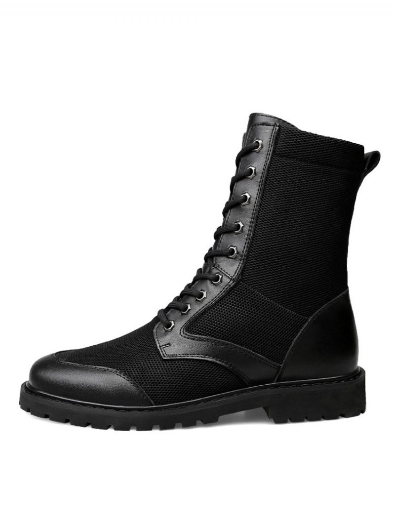 Halbhohe Stiefel Für Herren. Fabelhafte Schwarze Schnürstiefel Aus Pu-leder Mit Runder Spitze - Schwarz