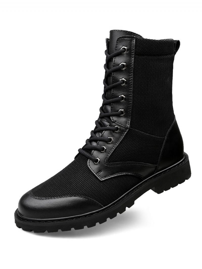 Halbhohe Stiefel Für Herren. Fabelhafte Schwarze Schnürstiefel Aus Pu-leder Mit Runder Spitze - Schwarz