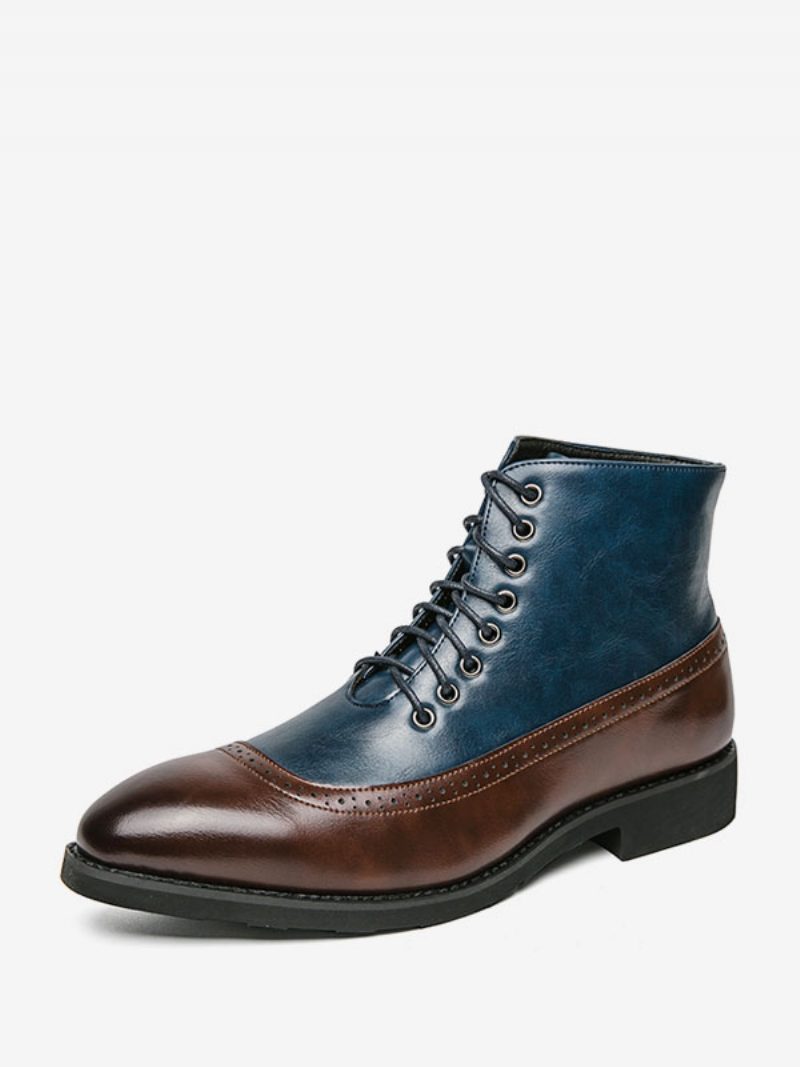 Herren-arbeitsstiefel Blaue Pu-leder-kampfstiefel Mit Runder Zehenpartie