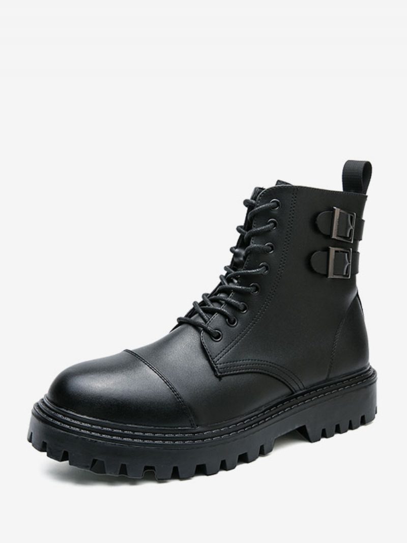 Herren-arbeitsstiefel Kaffeebraun Pu-leder Runde Zehenpartie Kampfstiefel - Schwarz