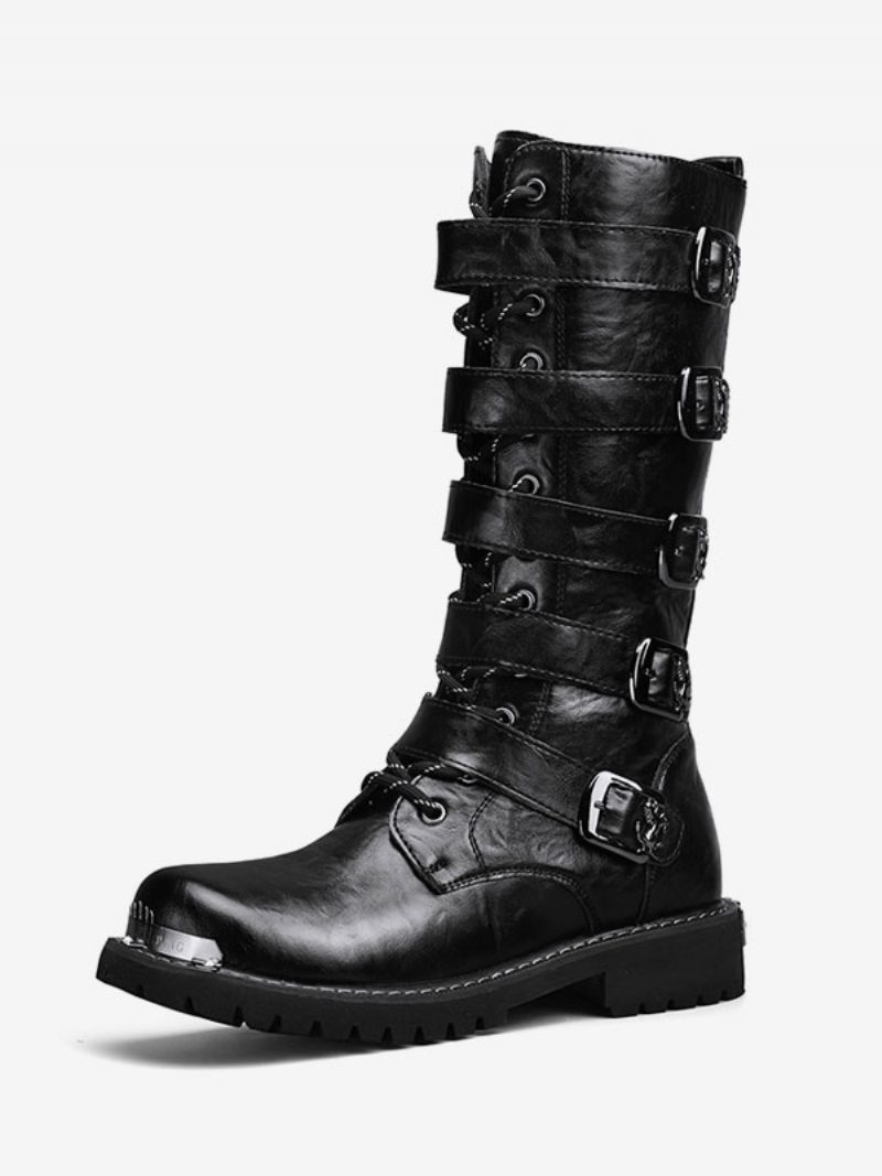 Herren-arbeitsstiefel Pu-leder Runde Zehen Kampfstiefel Schnallen Schnürung Steampunk Kniehohe Stiefel