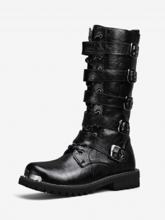 Herren-arbeitsstiefel Pu-leder Runde Zehen Kampfstiefel Schnallen Schnürung Steampunk Kniehohe Stiefel