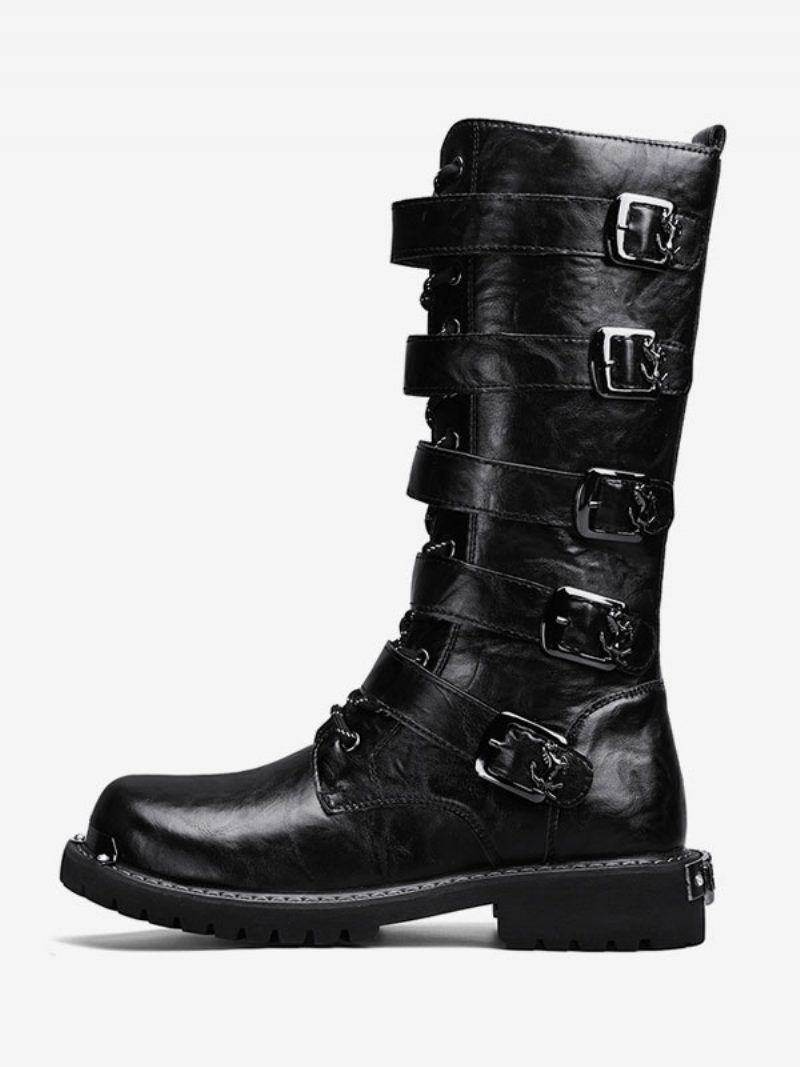 Herren-arbeitsstiefel Pu-leder Runde Zehen Kampfstiefel Schnallen Schnürung Steampunk Kniehohe Stiefel - Schwarz