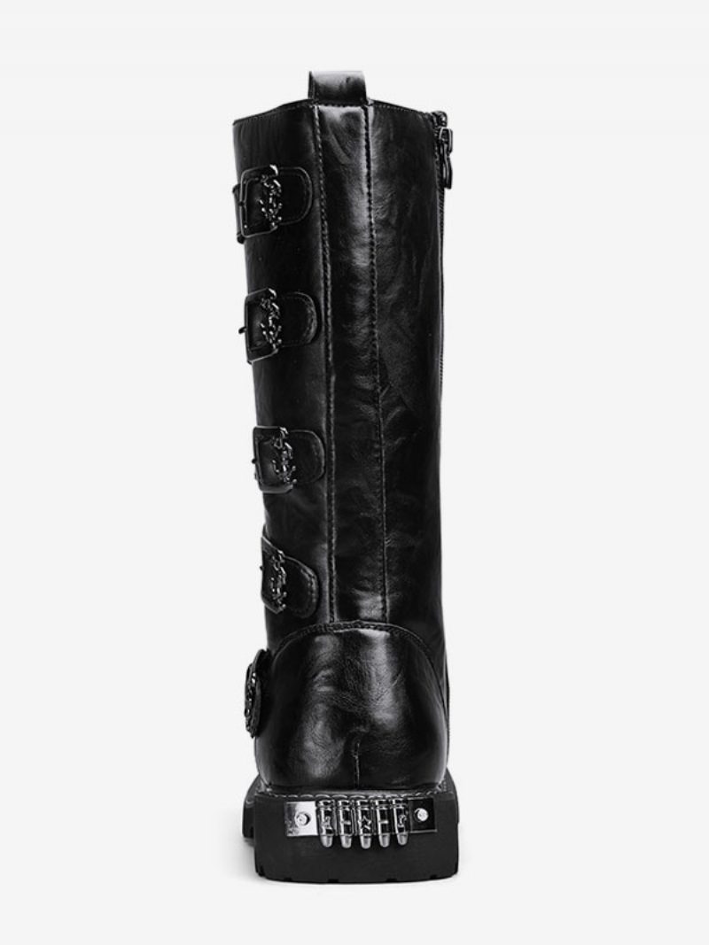 Herren-arbeitsstiefel Pu-leder Runde Zehen Kampfstiefel Schnallen Schnürung Steampunk Kniehohe Stiefel - Schwarz