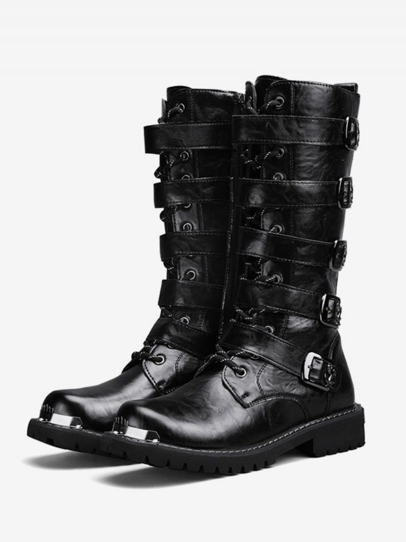 Herren-arbeitsstiefel Pu-leder Runde Zehen Kampfstiefel Schnallen Schnürung Steampunk Kniehohe Stiefel - Schwarz