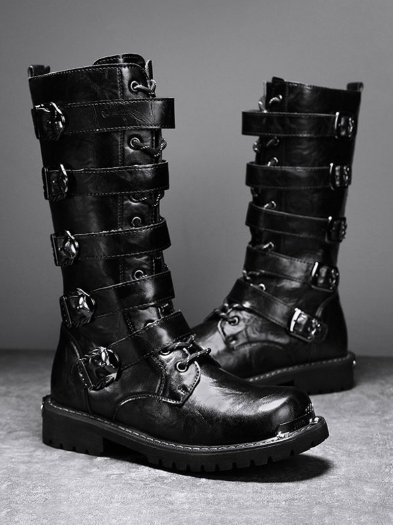 Herren-arbeitsstiefel Pu-leder Runde Zehen Kampfstiefel Schnallen Schnürung Steampunk Kniehohe Stiefel - Schwarz