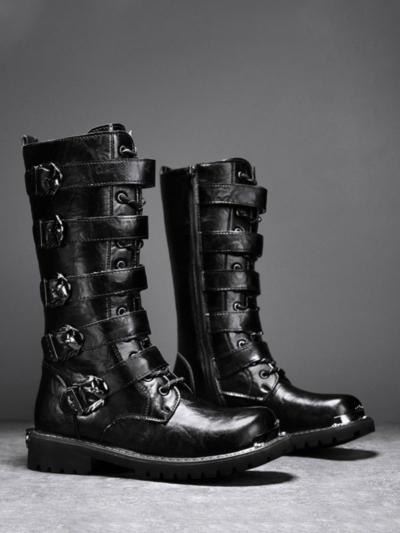 Herren-arbeitsstiefel Pu-leder Runde Zehen Kampfstiefel Schnallen Schnürung Steampunk Kniehohe Stiefel - Schwarz