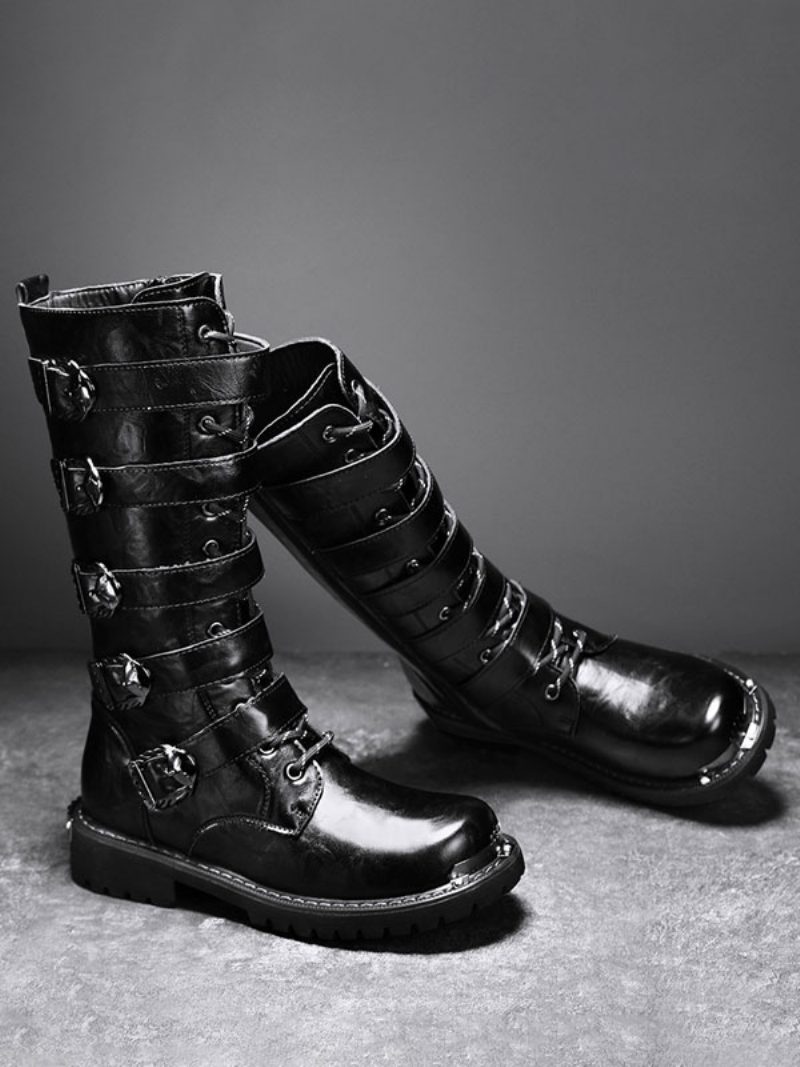 Herren-arbeitsstiefel Pu-leder Runde Zehen Kampfstiefel Schnallen Schnürung Steampunk Kniehohe Stiefel - Schwarz