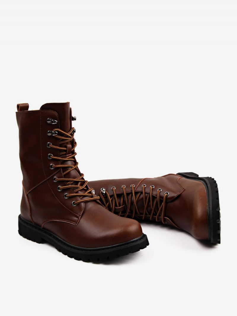 Herren-arbeitsstiefel Pu-leder Zum Schnüren Runde Zehen Kampfstiefel Schnallen Mittelhohe Stiefel - Kaffeebraun