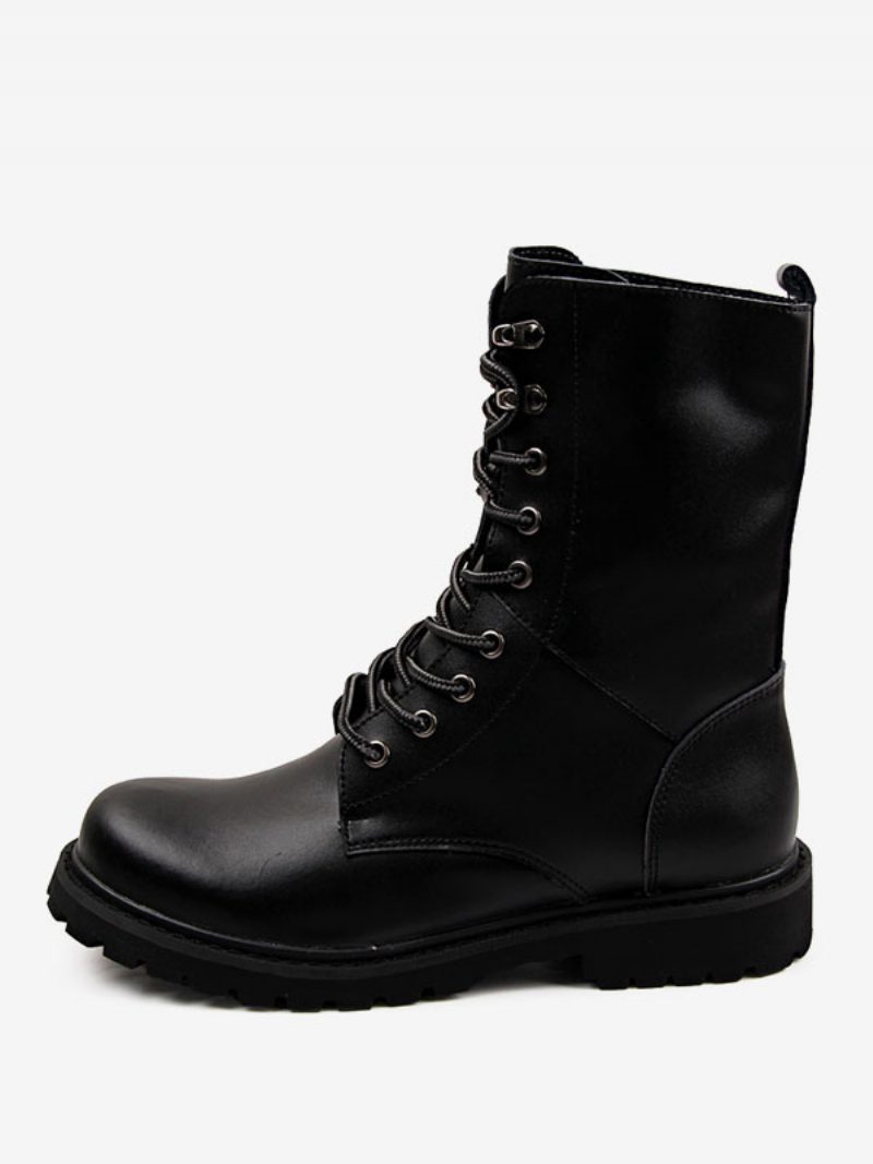 Herren-arbeitsstiefel Pu-leder Zum Schnüren Runde Zehen Kampfstiefel Schnallen Mittelhohe Stiefel - Schwarz