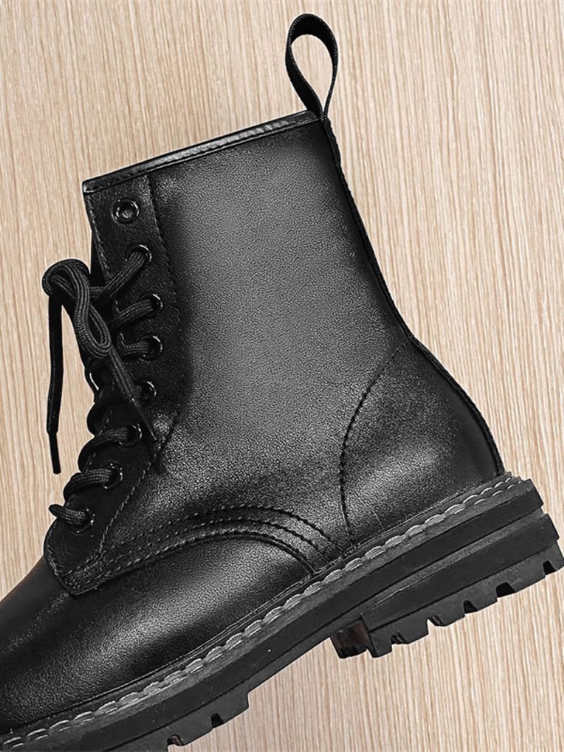 Herren-arbeitsstiefel Schwarze Pu-leder-kampfstiefel Mit Runder Zehenpartie - Schwarz