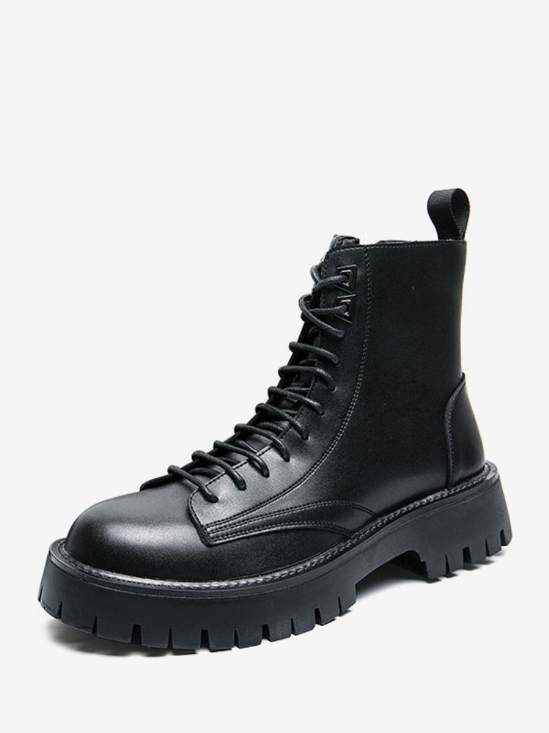 Herren-arbeitsstiefel Schwarze Pu-leder-kampfstiefel Mit Runder Zehenpartie