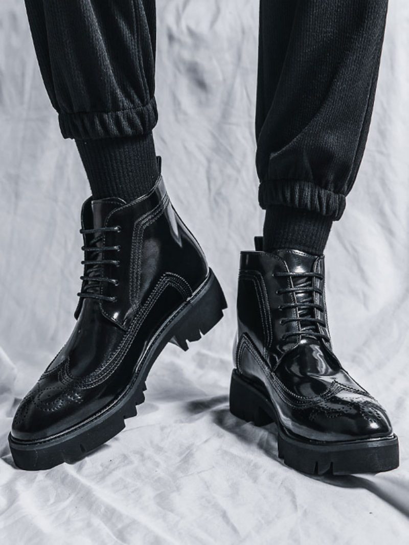 Herren-arbeitsstiefel Schwarze Pu-leder-kampfstiefel Mit Runder Zehenpartie - Schwarz