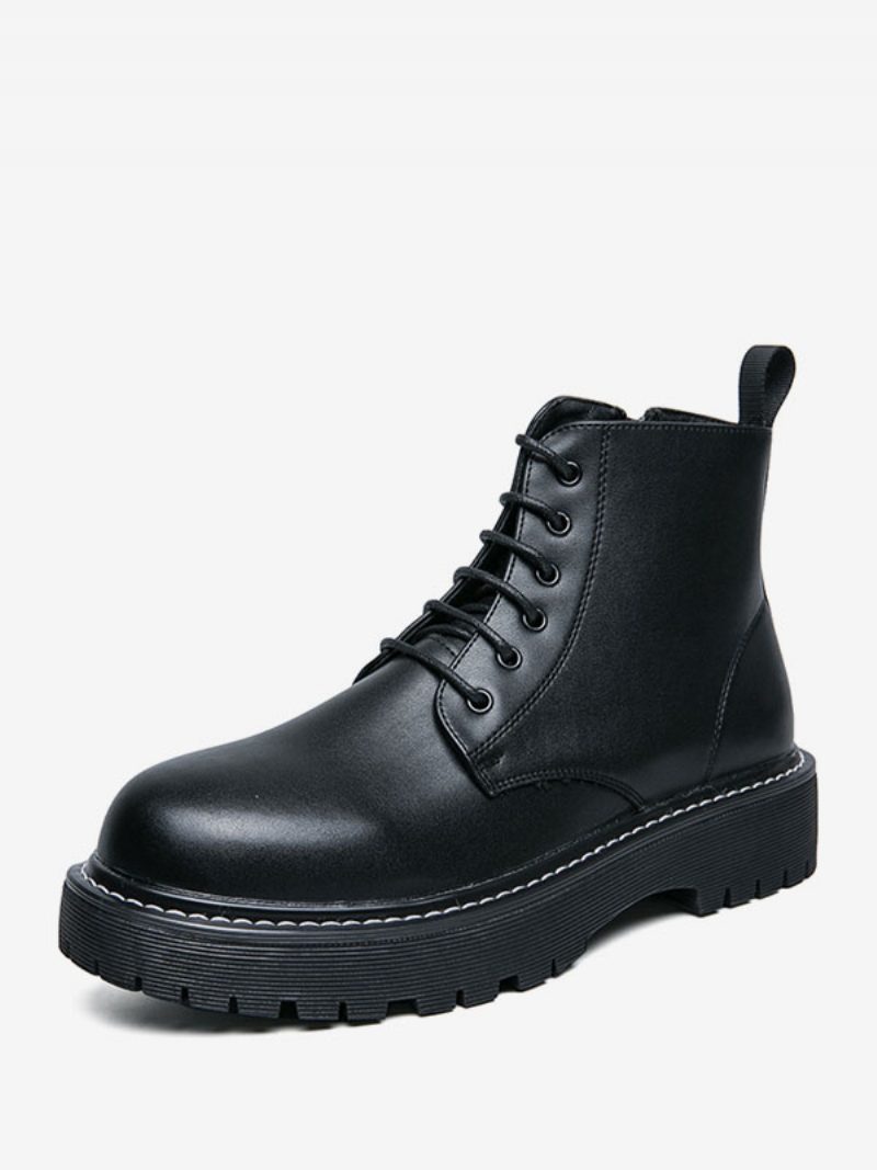 Herren-arbeitsstiefel Schwarze Pu-leder-kampfstiefel Mit Runder Zehenpartie