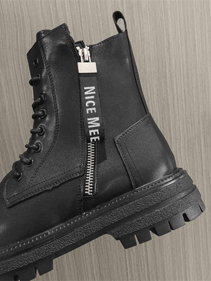 Herren-arbeitsstiefel Schwarze Pu-leder-kampfstiefel Mit Runder Zehenpartie - Schwarz