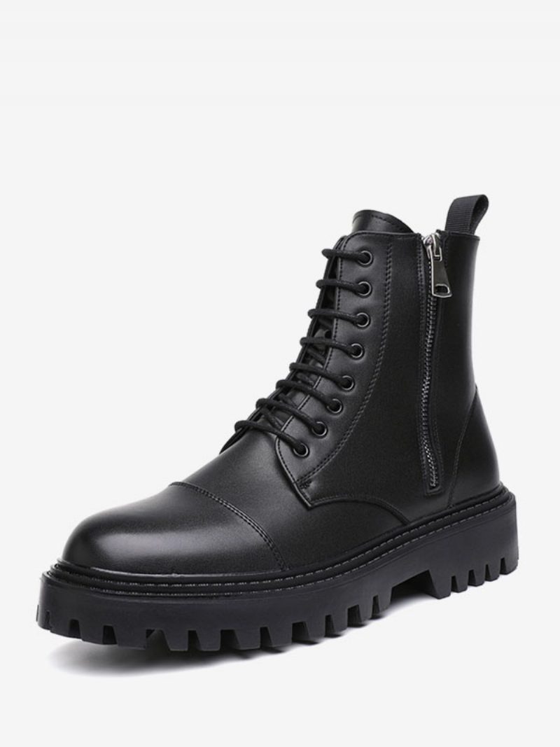 Herren-arbeitsstiefel Schwarze Pu-leder-kampfstiefel Mit Runder Zehenpartie