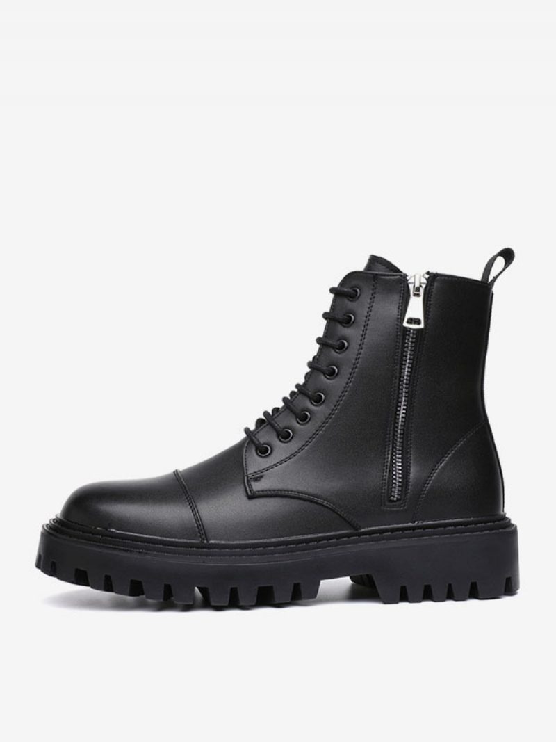 Herren-arbeitsstiefel Schwarze Pu-leder-kampfstiefel Mit Runder Zehenpartie - Schwarz