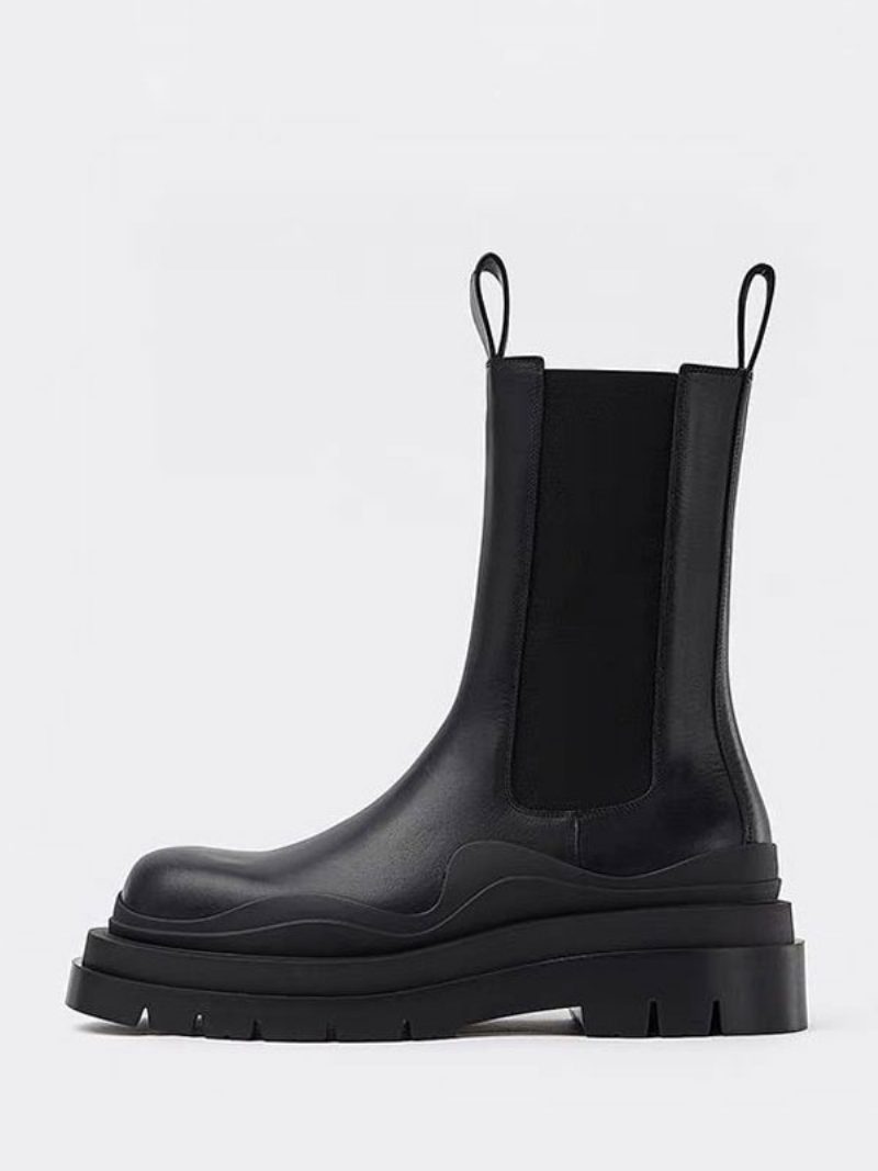 Herren-chelsea-stiefel Grüner Reifen Gummibesatz Runde Zehenpartie Flache Slip-on-stiefeletten - Schwarz