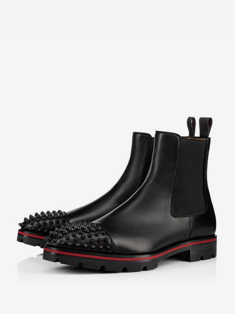 Herren Chelsea-stiefeletten Aus Schwarzem Rindsleder Mit Quadratischer Zehenpartie Handgefertigt Spikes Punk-stil Profilsohle