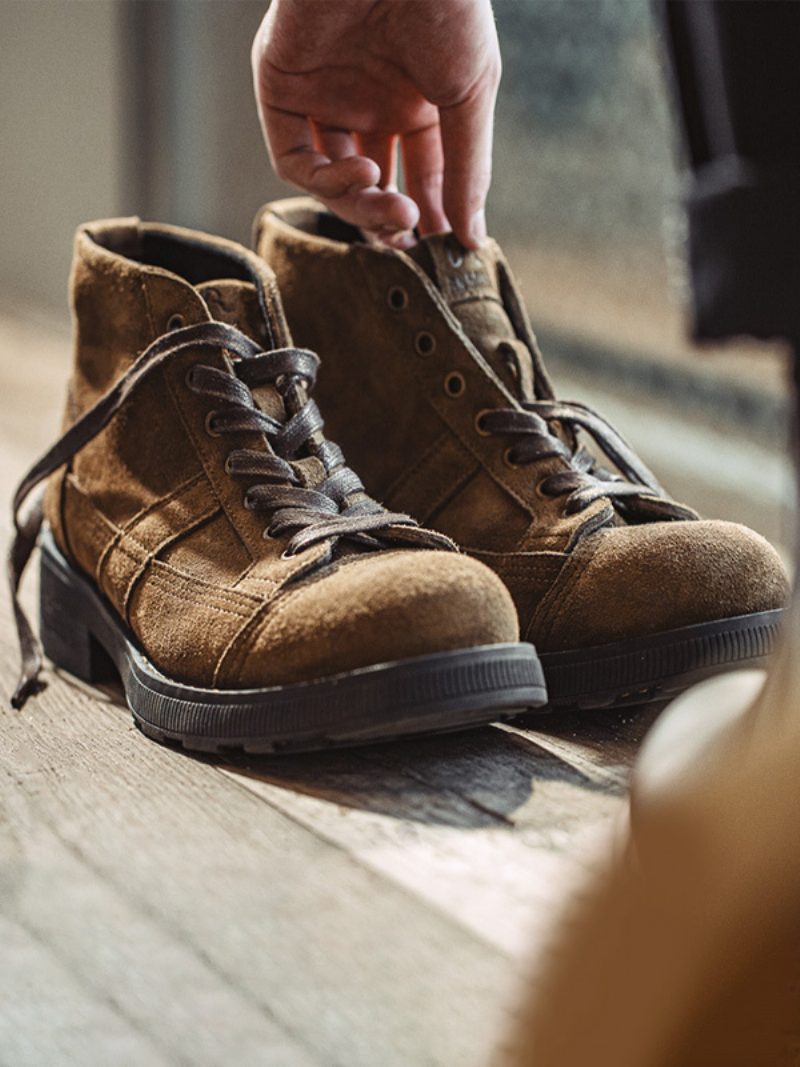 Herren-kampfstiefel Matin Work Motorrad Aus Wildleder Kaffeebraun Mit Runder Zehenpartie - Kaffeebraun