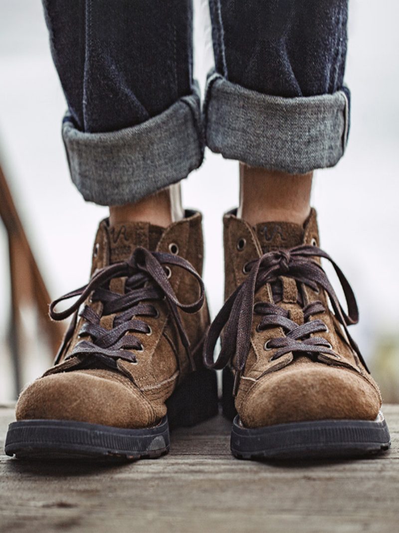 Herren-kampfstiefel Matin Work Motorrad Aus Wildleder Kaffeebraun Mit Runder Zehenpartie - Kaffeebraun