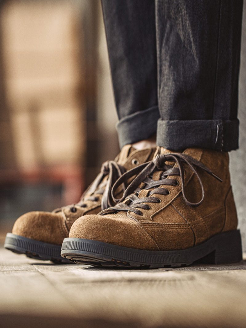 Herren-kampfstiefel Matin Work Motorrad Aus Wildleder Kaffeebraun Mit Runder Zehenpartie - Kaffeebraun