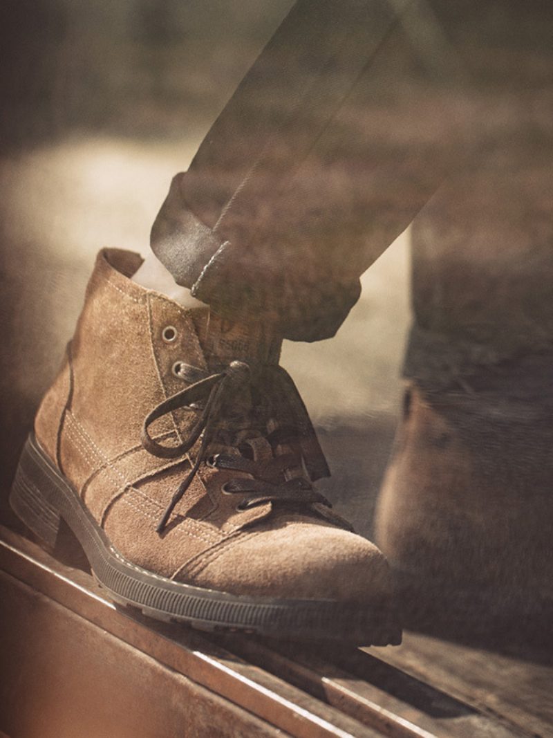 Herren-kampfstiefel Matin Work Motorrad Aus Wildleder Kaffeebraun Mit Runder Zehenpartie - Kaffeebraun