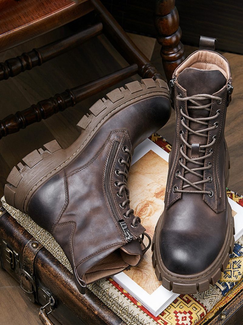 Herren-motorrad-martin-stiefel Aus Samt-rindsleder Britische Retro-high-top-arbeitsstiefel Runde Zehen-schnürstiefel - Kaffeebraun