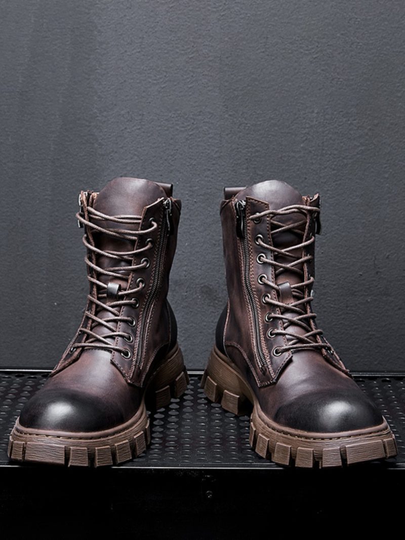 Herren-motorrad-martin-stiefel Aus Samt-rindsleder Britische Retro-high-top-arbeitsstiefel Runde Zehen-schnürstiefel - Kaffeebraun