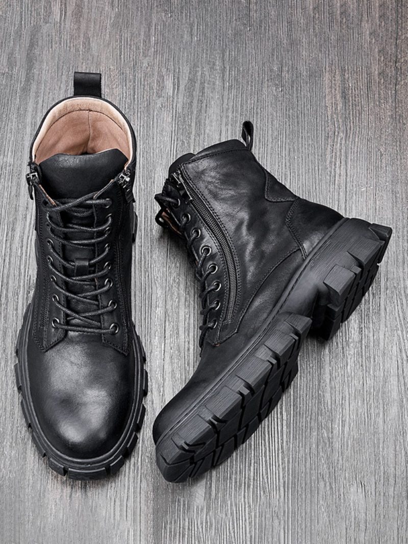 Herren-motorrad-martin-stiefel Aus Samt-rindsleder Britische Retro-high-top-arbeitsstiefel Runde Zehen-schnürstiefel - Schwarz