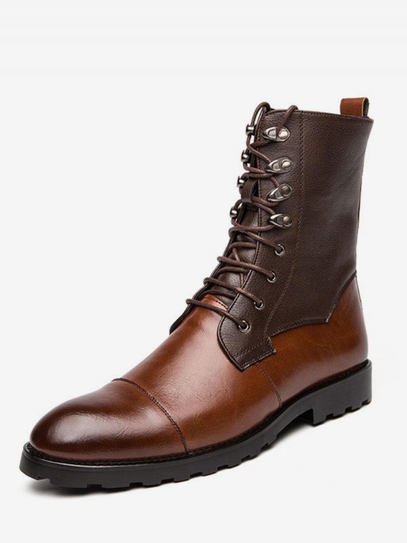 Herren-stiefeletten Pu-leder Runde Zehenpartie Schnürung Braune Cowboystiefel